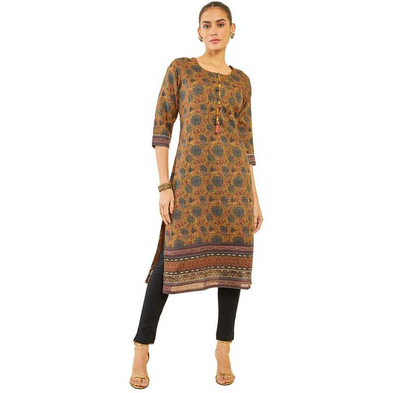 Soch Womens Mustard Polyester Kurta With Kalamkari Print And Tassels