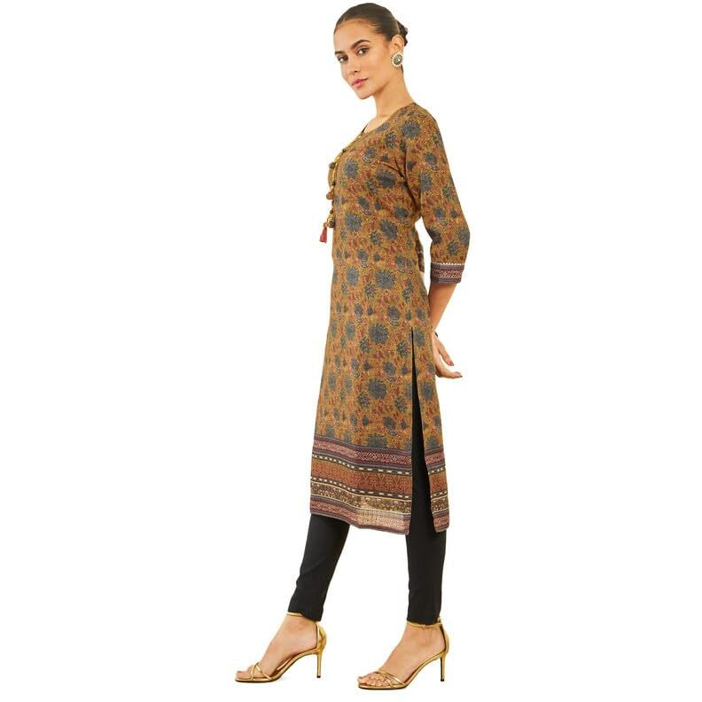 Soch Womens Mustard Polyester Kurta With Kalamkari Print And Tassels