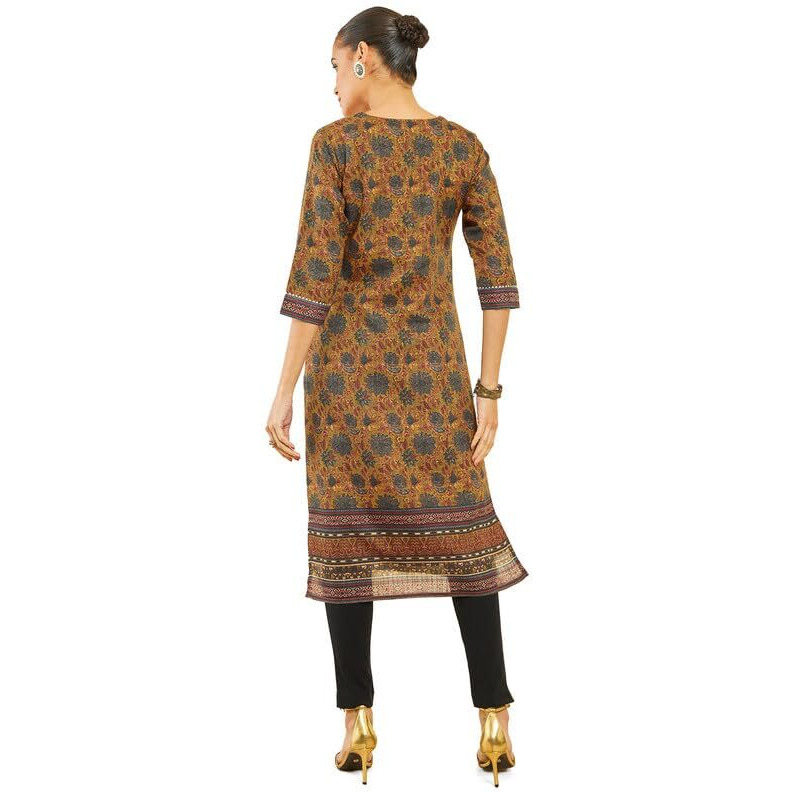 Soch Womens Mustard Polyester Kurta With Kalamkari Print And Tassels
