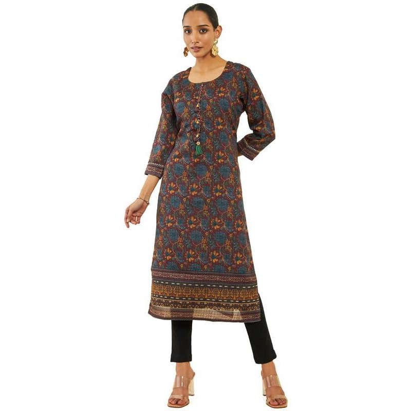 Soch Womens Maroon Poly Cotton Kurta With Kalamkari Print And Tassels(8907175517956)