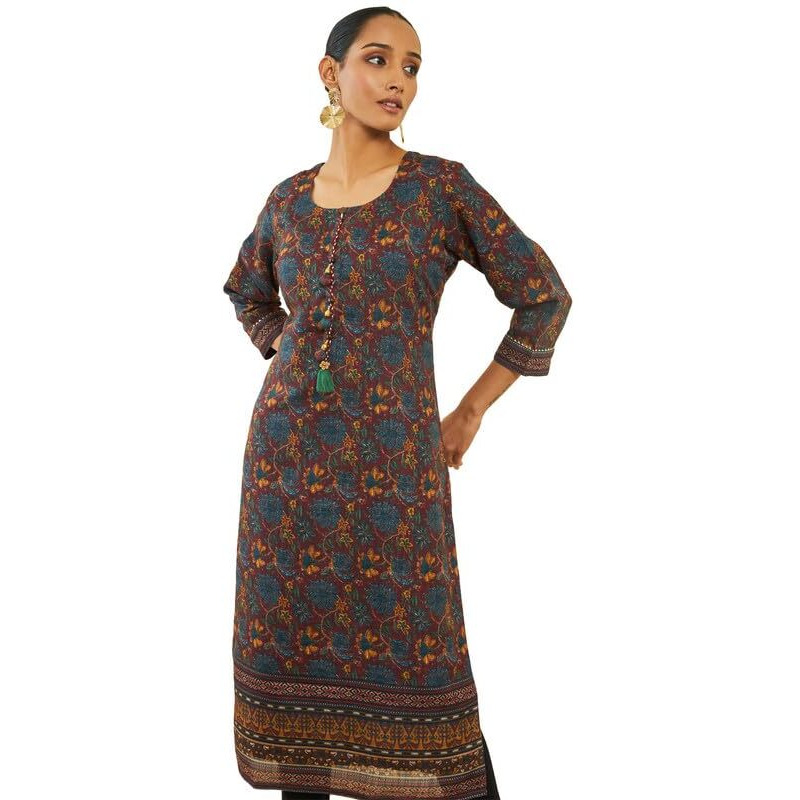 Soch Womens Maroon Poly Cotton Kurta With Kalamkari Print And Tassels(8907175517956)