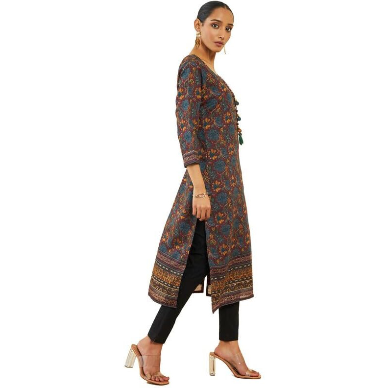 Soch Womens Maroon Poly Cotton Kurta With Kalamkari Print And Tassels(8907175517956)