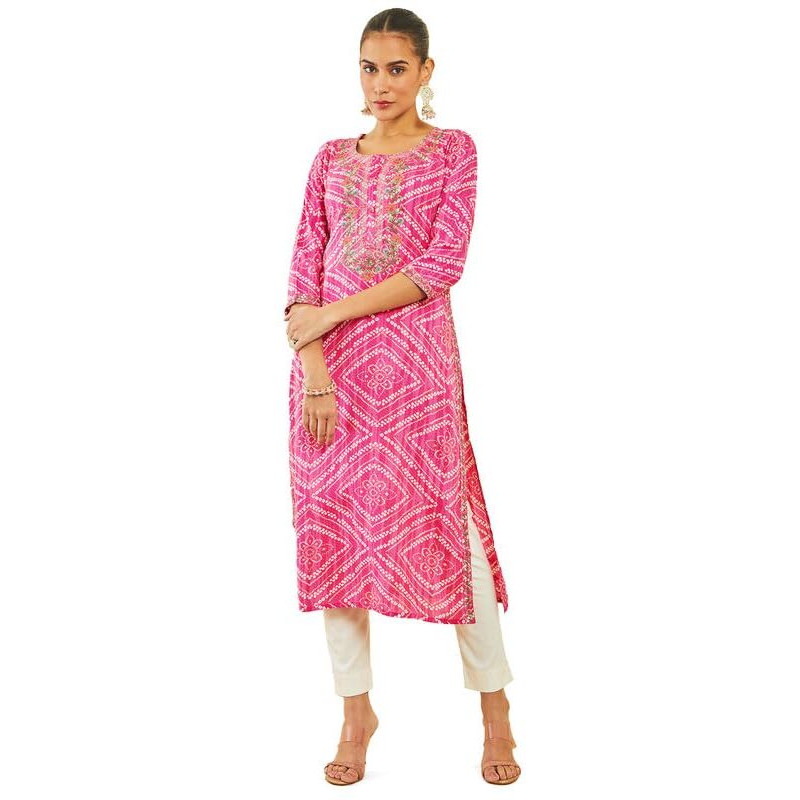 Soch Womens Pink Rayon Kurta With Bandhani Print And Floral Embroidery