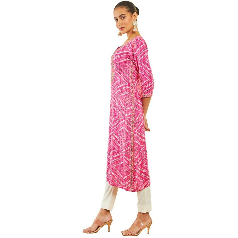 Soch Womens Pink Rayon Kurta With Bandhani Print And Floral Embroidery