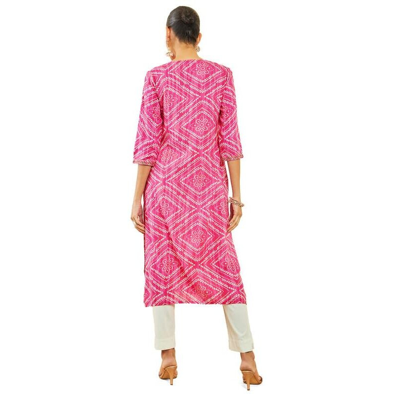 Soch Womens Pink Rayon Kurta With Bandhani Print And Floral Embroidery