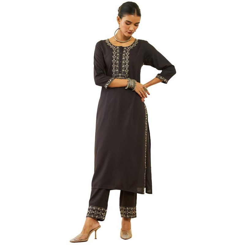 Soch Womens Charcoal Rayon Floral Embroidered Round-Neck Straight Kurta Sets