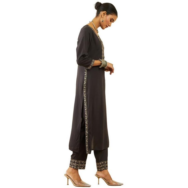Soch Womens Charcoal Rayon Floral Embroidered Round-Neck Straight Kurta Sets