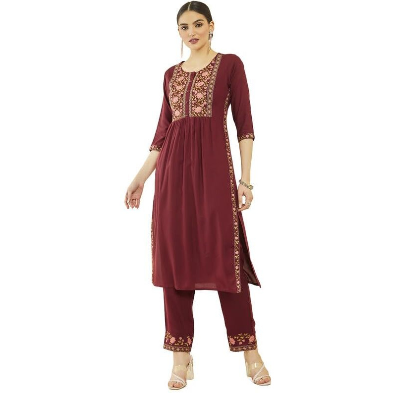 Soch Womens Maroon Rayon Floral Embroidered Nyra Cut Kurta Sets