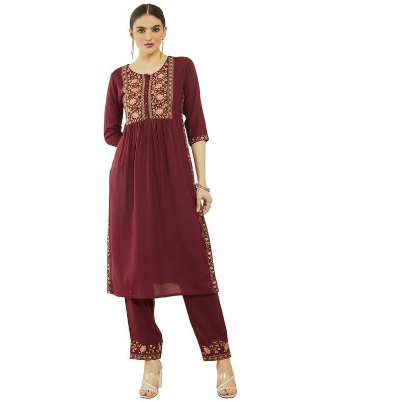 Soch Womens Maroon Rayon Floral Embroidered Nyra Cut Kurta Sets