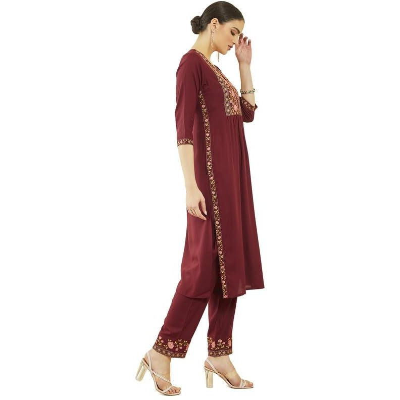 Soch Womens Maroon Rayon Floral Embroidered Nyra Cut Kurta Sets