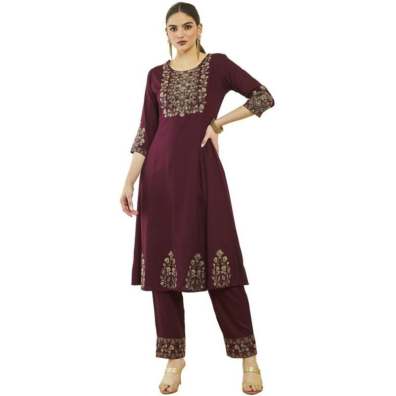 Soch Womens Wine Rayon Floral Embroidered Round-Neck Kali Kurta Sets