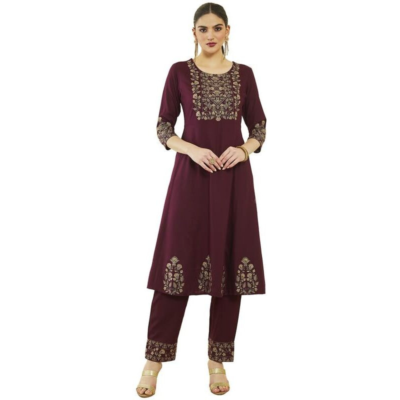 Soch Womens Wine Rayon Floral Embroidered Round-Neck Kali Kurta Sets