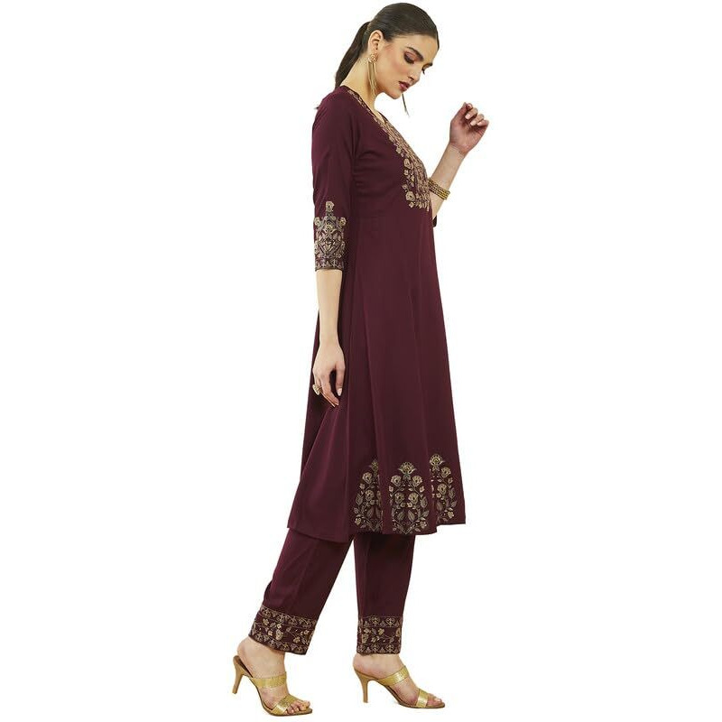 Soch Womens Wine Rayon Floral Embroidered Round-Neck Kali Kurta Sets
