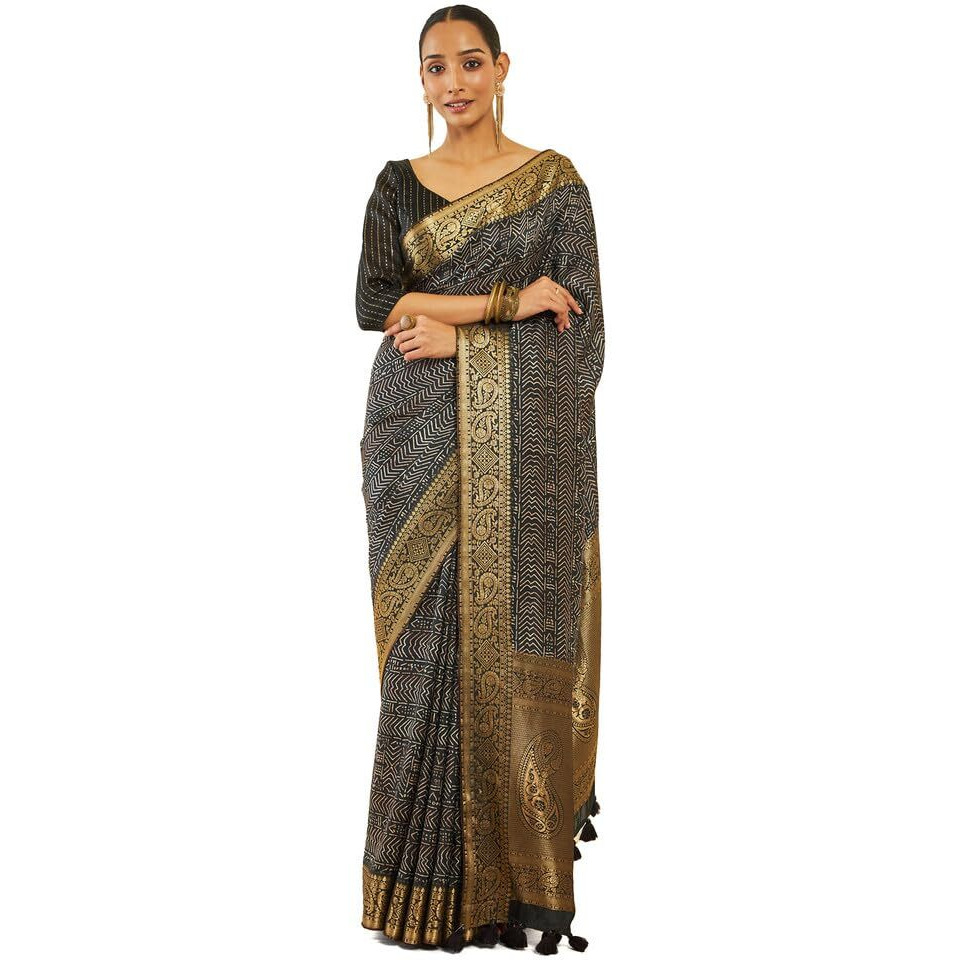 Soch Womens Black Crepe Saree With Geometric Print And Zari Borders