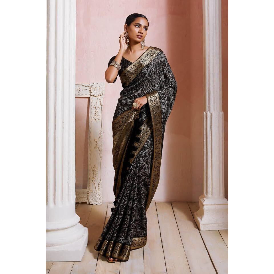 Soch Womens Black Crepe Saree With Geometric Print And Zari Borders