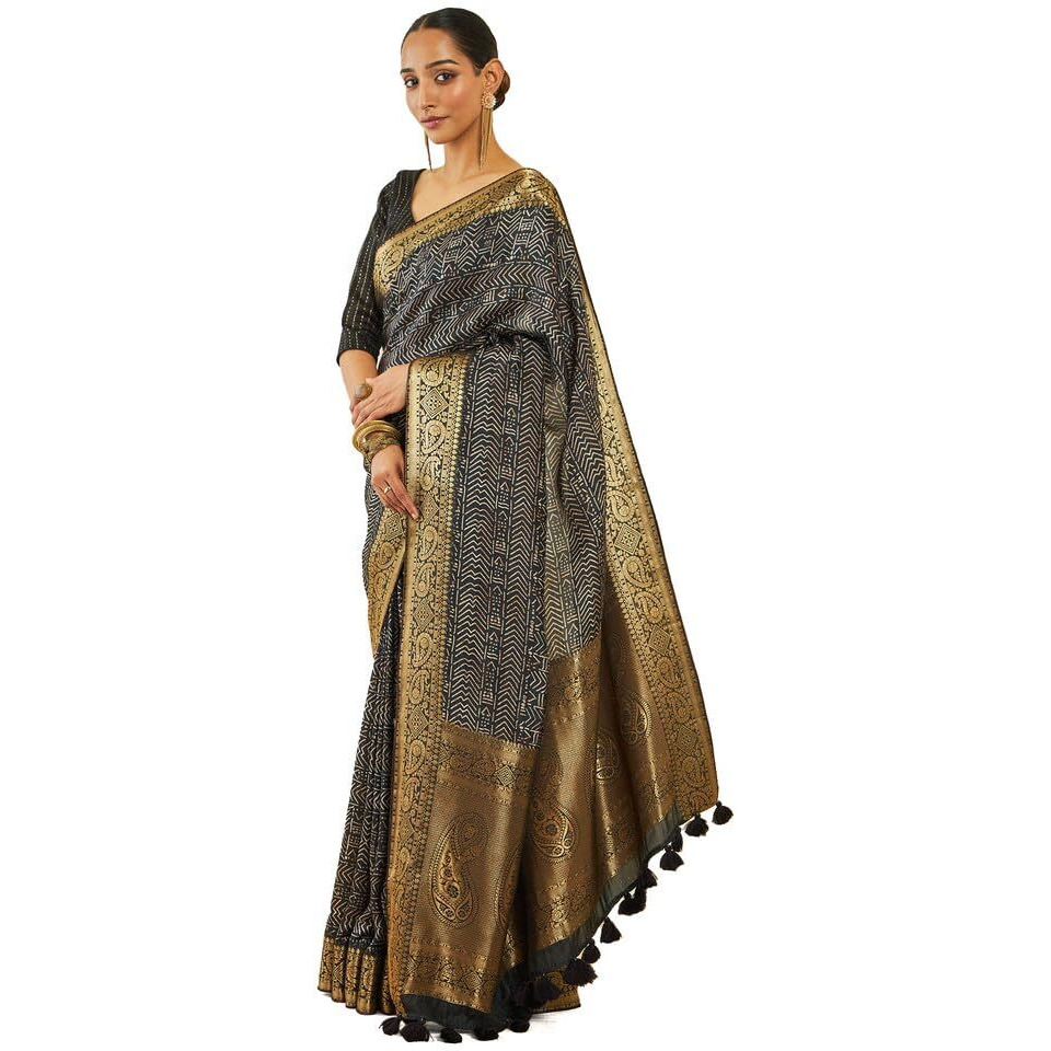 Soch Womens Black Crepe Saree With Geometric Print And Zari Borders