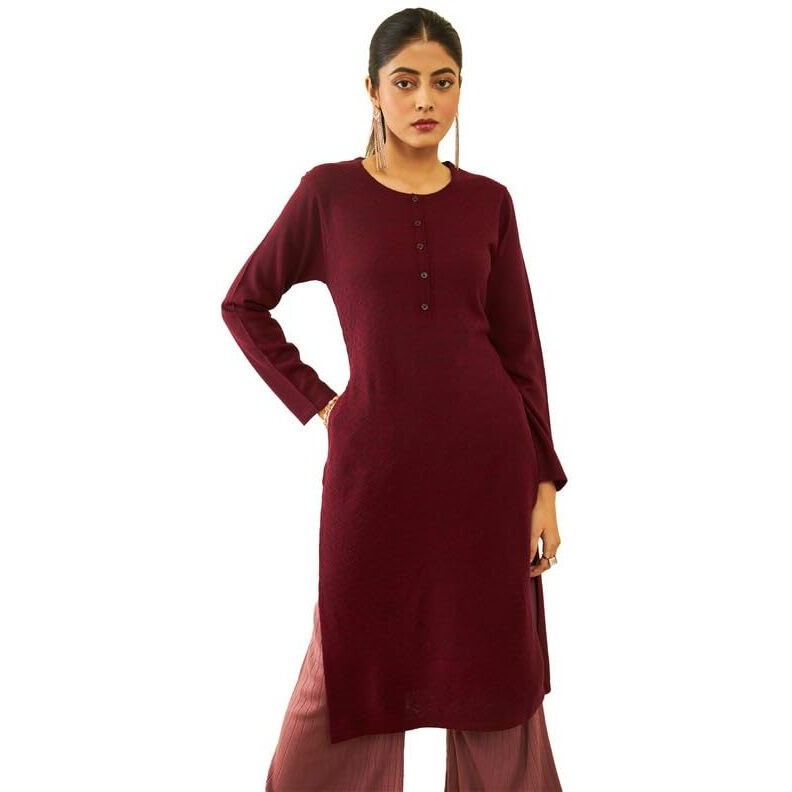 Soch Womens Maroon Acrylic Patterned Knit Winter Straight Kurta With Pocket