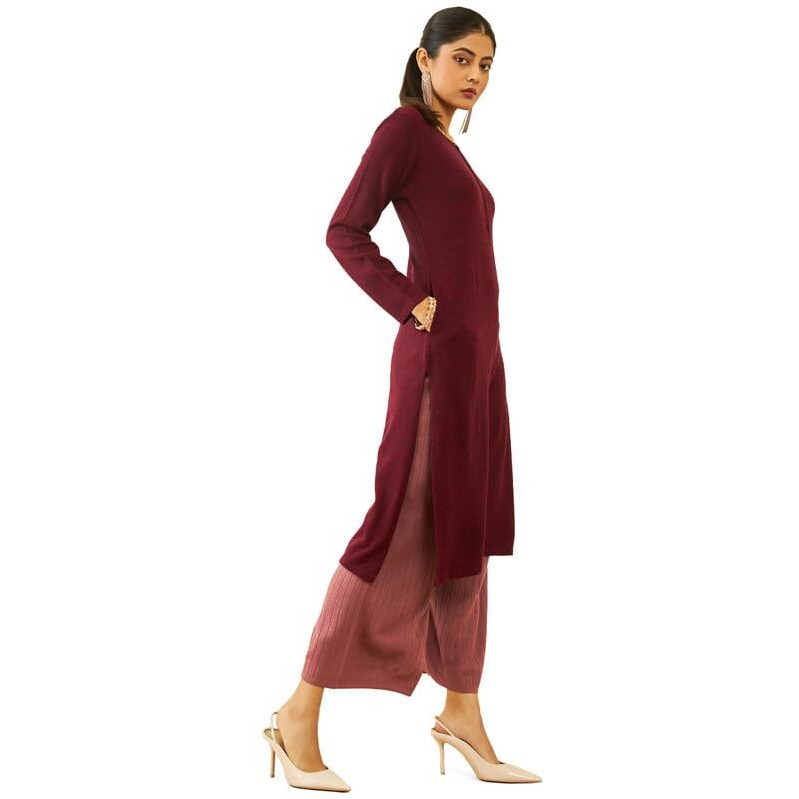 Soch Womens Maroon Acrylic Patterned Knit Winter Straight Kurta With Pocket