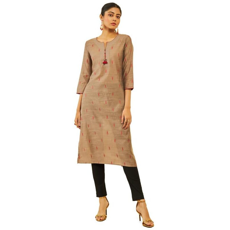 Soch Womens Grey Silk Blend Ikat Pattern Straight Kurta