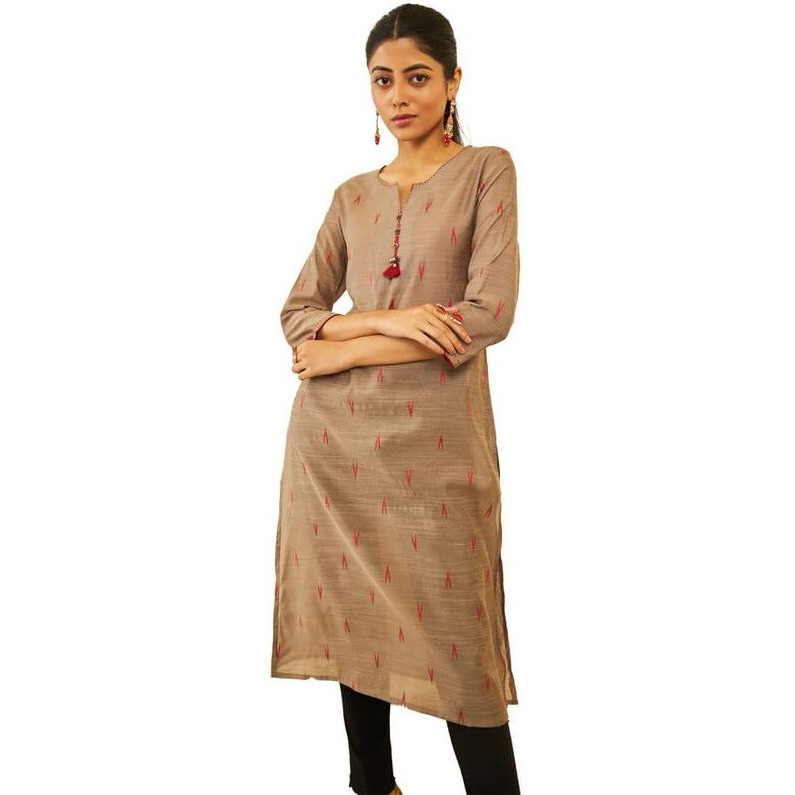 Soch Womens Grey Silk Blend Ikat Pattern Straight Kurta