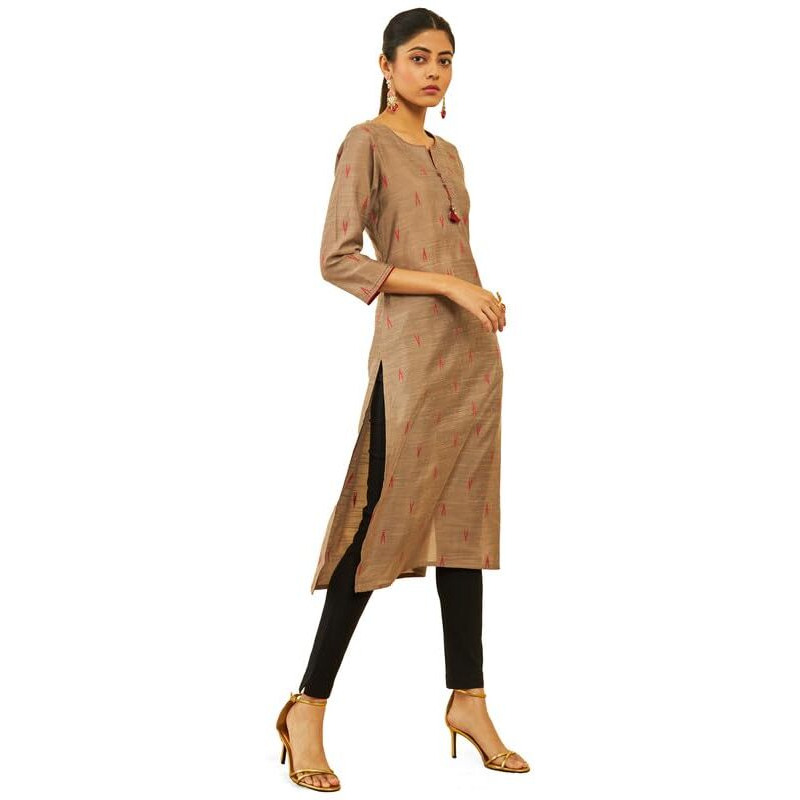 Soch Womens Grey Silk Blend Ikat Pattern Straight Kurta