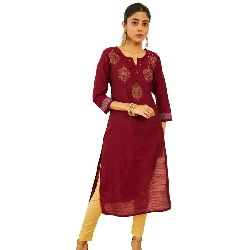 Soch Womens Maroon Silk Blend Foil Print Straight Kurta With Sequin Embellishments