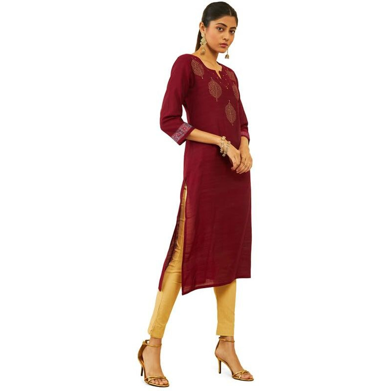 Soch Womens Maroon Silk Blend Foil Print Straight Kurta With Sequin Embellishments