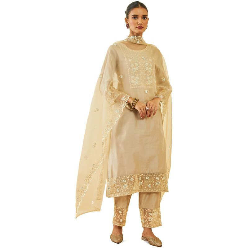 Soch Womens Beige Chanderi Floral Embroidered Straight Suit Set With Sheer Panels