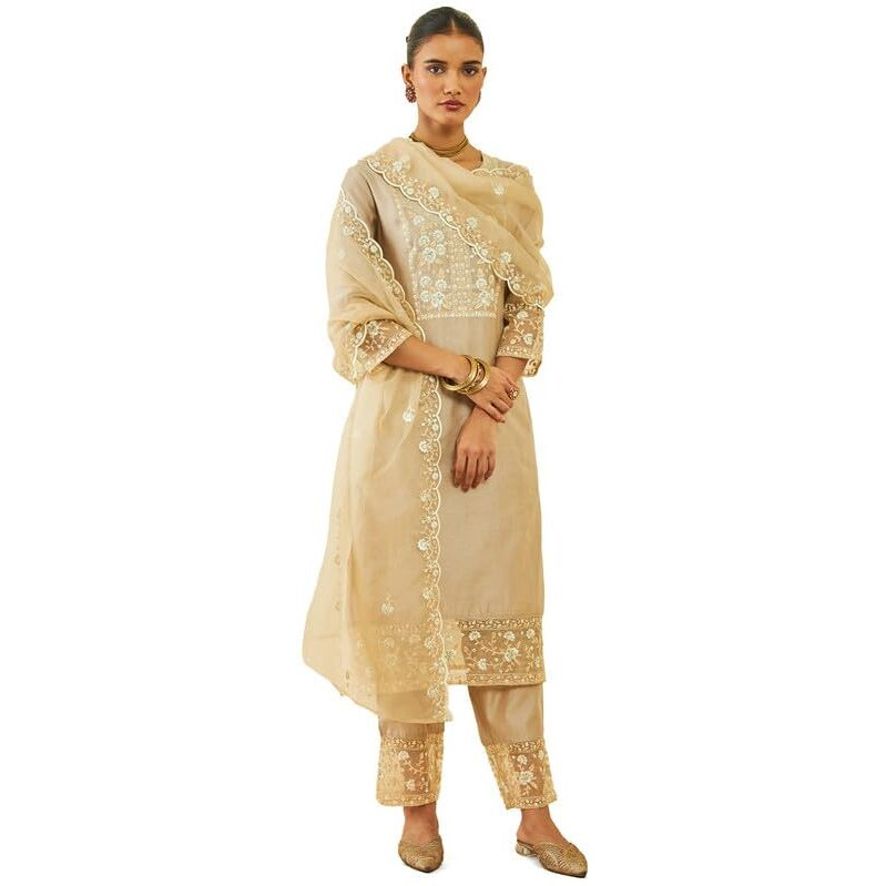 Soch Womens Beige Chanderi Floral Embroidered Straight Suit Set With Sheer Panels