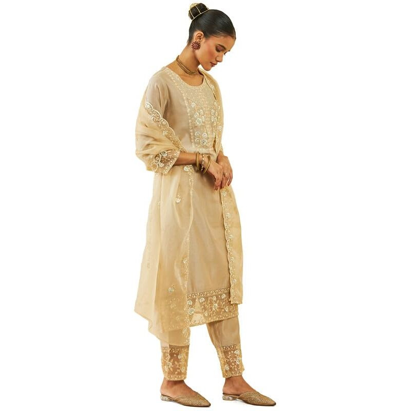 Soch Womens Beige Chanderi Floral Embroidered Straight Suit Set With Sheer Panels