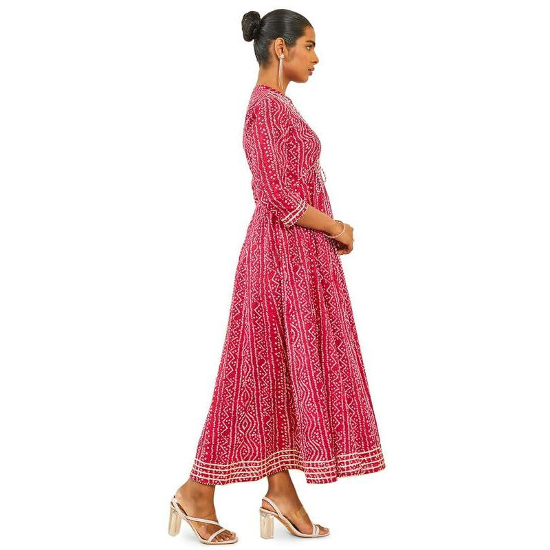 Soch Womens Fuchsia Cotton Bandhani Print Ankle-Length Dress Kurta