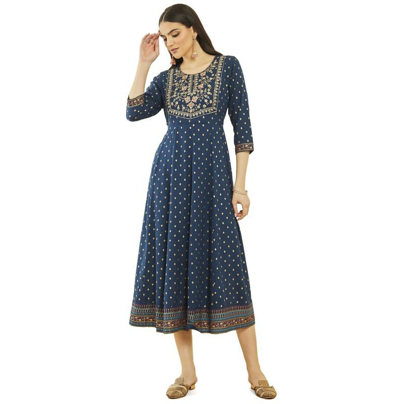 Soch Womens Blue Rayon Botanical Print Dress Kurta With Embroidery On Yoke