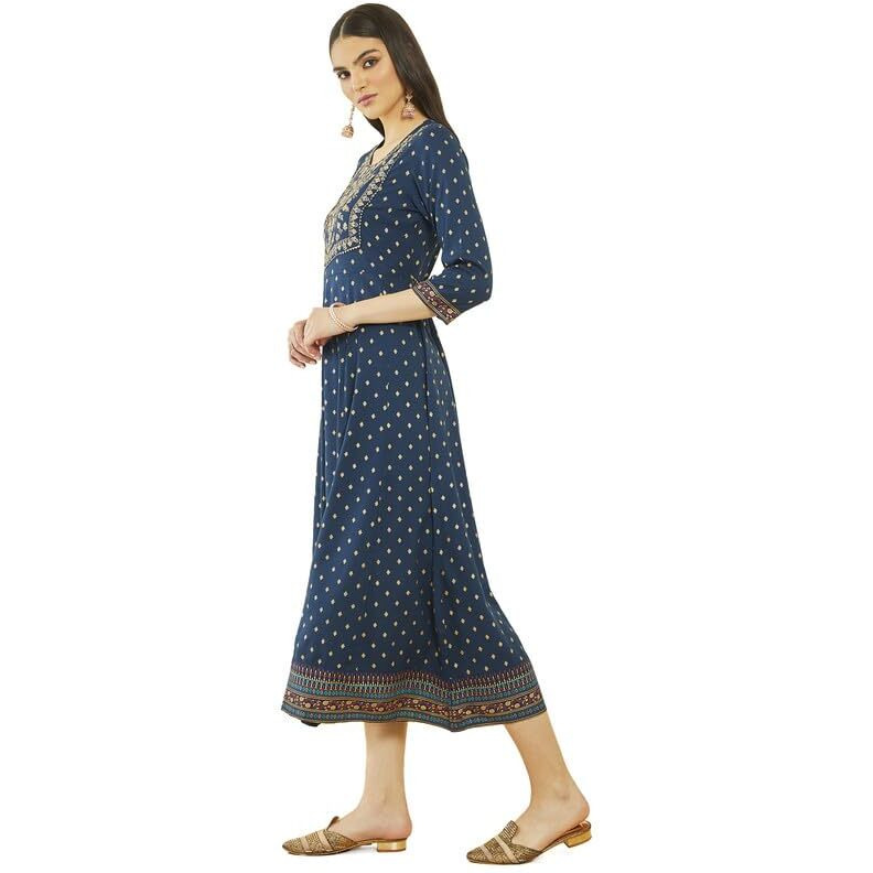 Soch Womens Blue Rayon Botanical Print Dress Kurta With Embroidery On Yoke