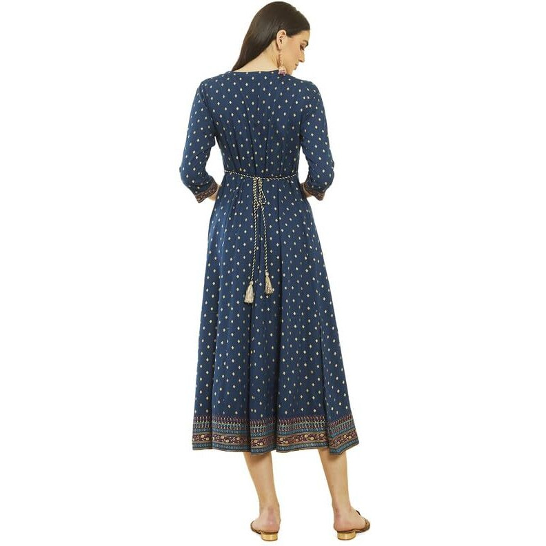 Soch Womens Blue Rayon Botanical Print Dress Kurta With Embroidery On Yoke