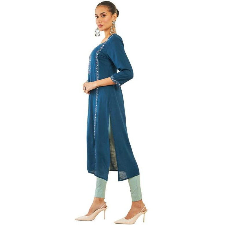 Soch Womens Blue Rayon Slub Kurta With Geometric Embroidery