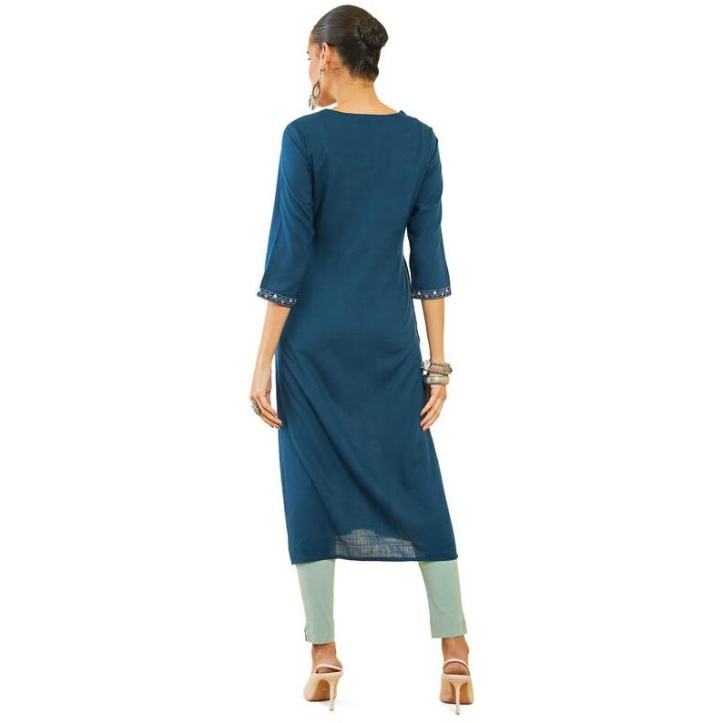 Soch Womens Blue Rayon Slub Kurta With Geometric Embroidery
