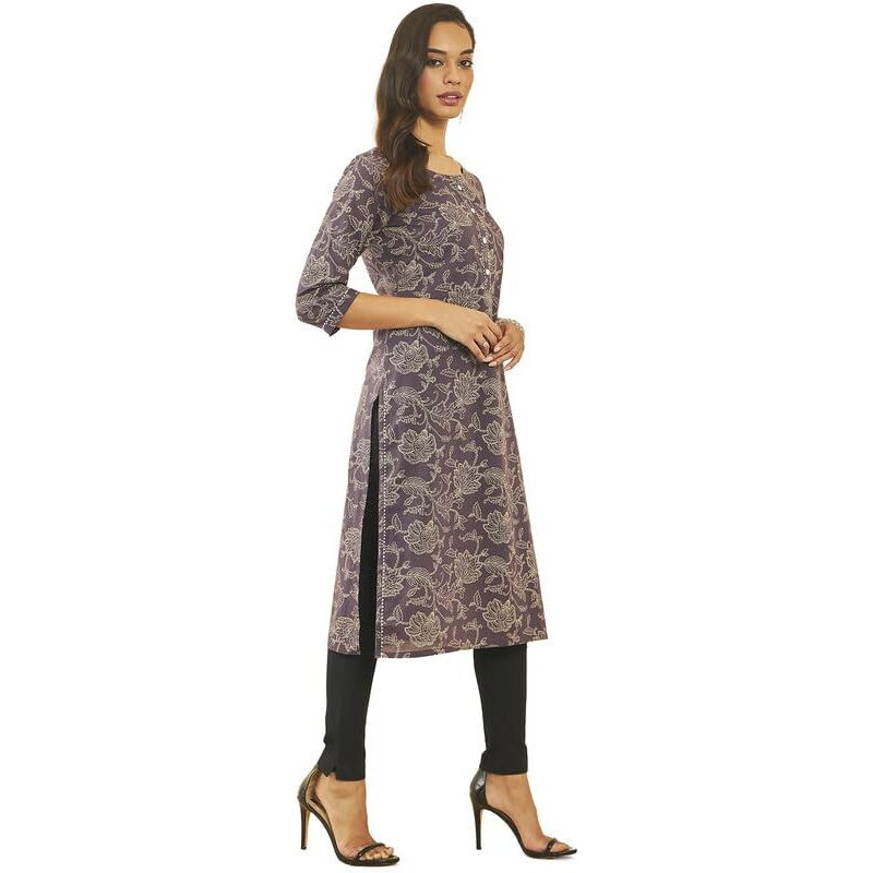 Soch Womens Grey Cotton Floral Print Straight Kurta With Gota Patti Details