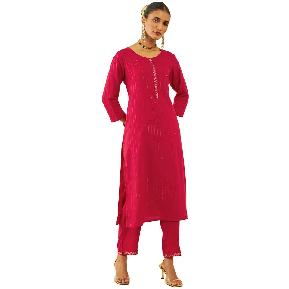 Soch Womens Red Rayon Mukaish Work Round-Neck Straight Kurta Sets With Pocket