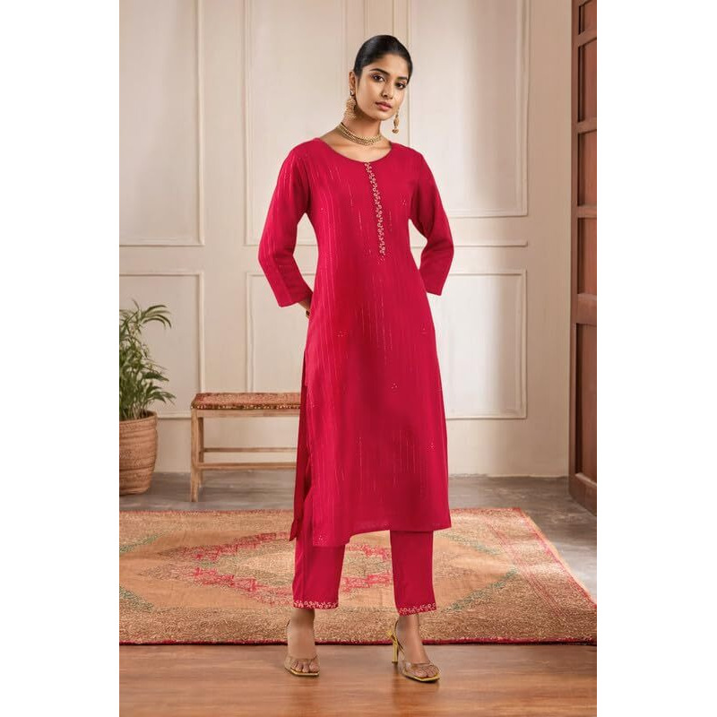Soch Womens Red Rayon Mukaish Work Round-Neck Straight Kurta Sets With Pocket