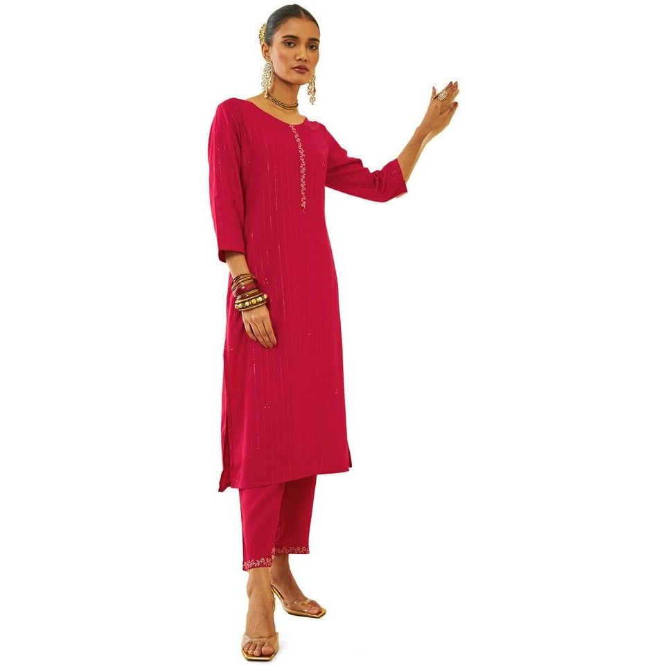 Soch Womens Red Rayon Mukaish Work Round-Neck Straight Kurta Sets With Pocket