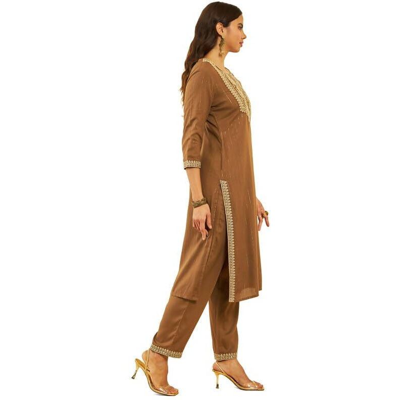 Soch Womens Brown Rayon Embroidered Straight Kurta Set With Sequin Embellishments
