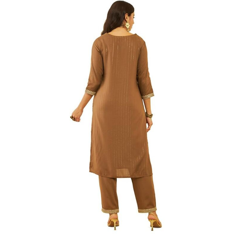 Soch Womens Brown Rayon Embroidered Straight Kurta Set With Sequin Embellishments