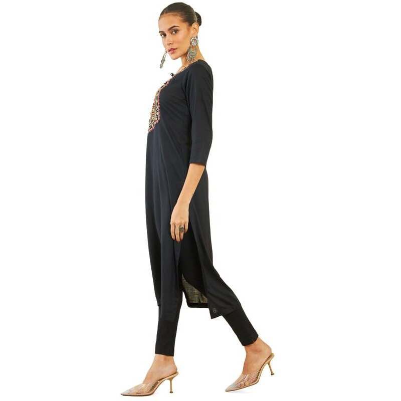 Soch Womens Black Rayon Slub Kurta With Ethnic Embroidery And Embellishments