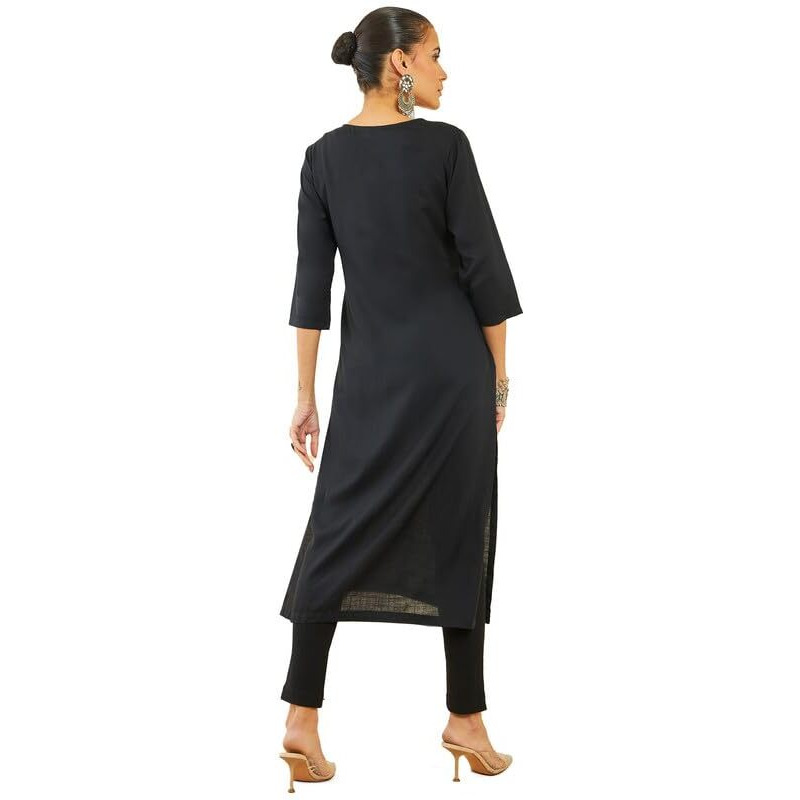 Soch Womens Black Rayon Slub Kurta With Ethnic Embroidery And Embellishments