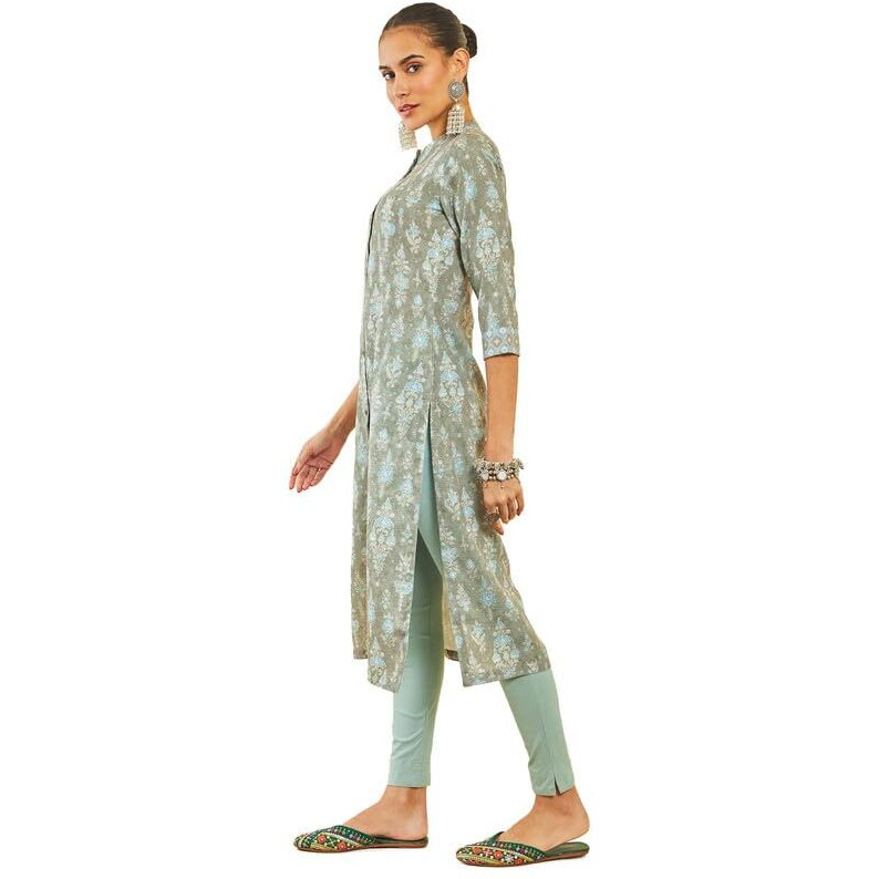 Soch Womens Olive Rayon Kurta With Floral Print