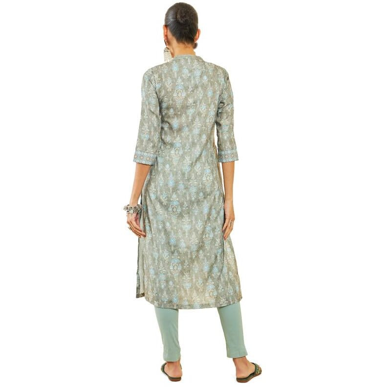 Soch Womens Olive Rayon Kurta With Floral Print