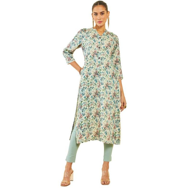 Soch Womens Beige Linen Kurta With Floral Print