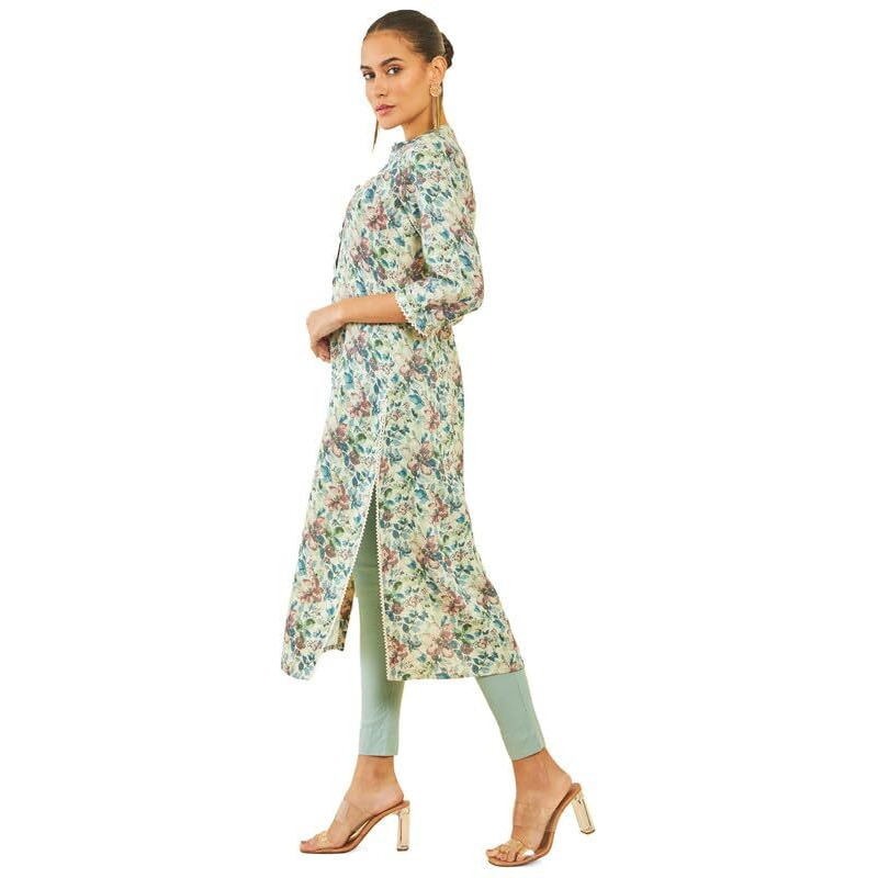 Soch Womens Beige Linen Kurta With Floral Print