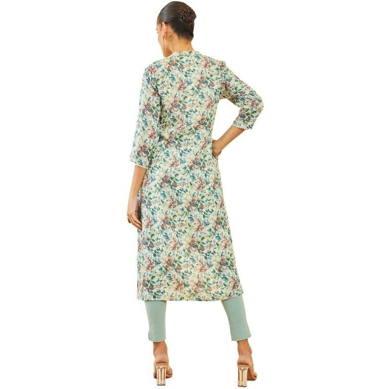Soch Womens Beige Linen Kurta With Floral Print