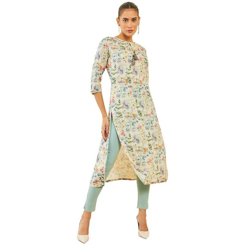 Soch Womens Beige Linen Kurta With Floral Print And Tassels